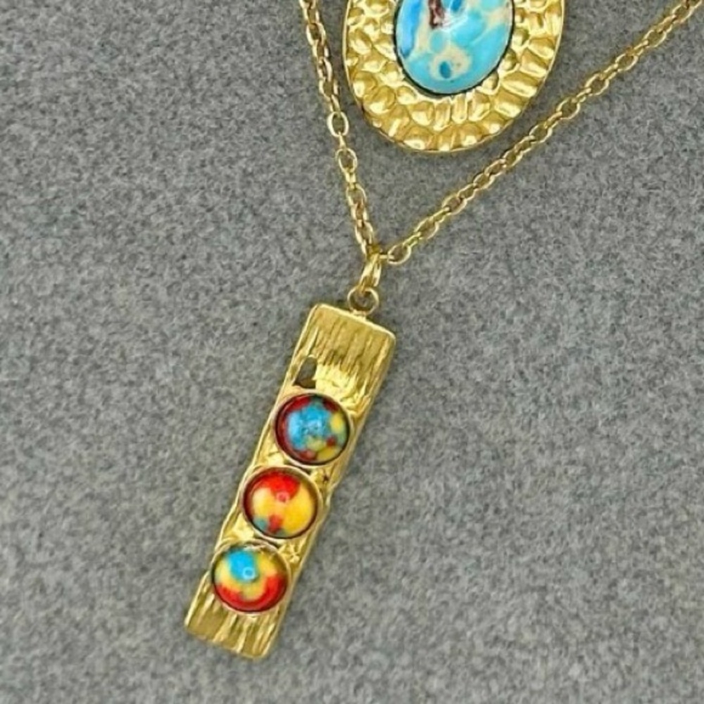 Colorful Stone Gold Bar Pendant Necklace